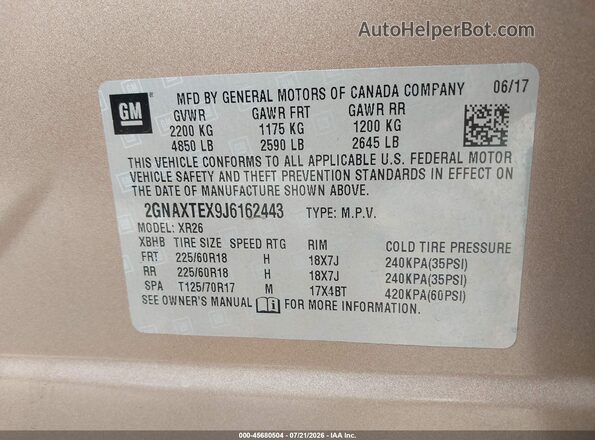 2GNAXTEX9J6162443 2018 CHEVROLET EQUINOX Tan ძრავის განყოფილების ხედი