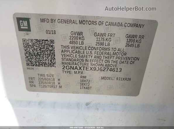 2GNAXTEX9J6274613 2018 CHEVROLET EQUINOX White Widok komory silnika