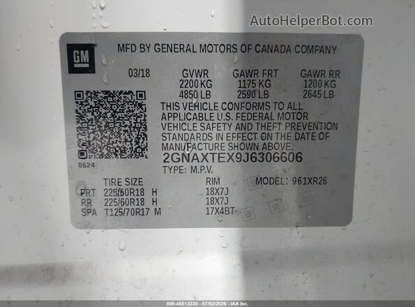 2GNAXTEX9J6306606 2018 CHEVROLET EQUINOX Белый Вид подкапотного пространства