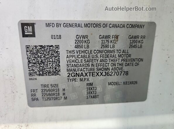 2GNAXTEXXJ6270778 2018 CHEVROLET EQUINOX White VIN կոդի պիտակի տեսք