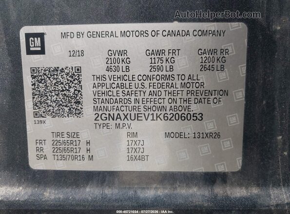 2GNAXUEV1K6206053 2019 CHEVROLET EQUINOX Gray Engine compartment view