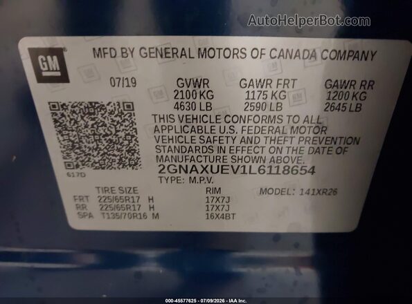 2GNAXUEV1L6118654 2020 CHEVROLET EQUINOX Синий Вид подкапотного пространства