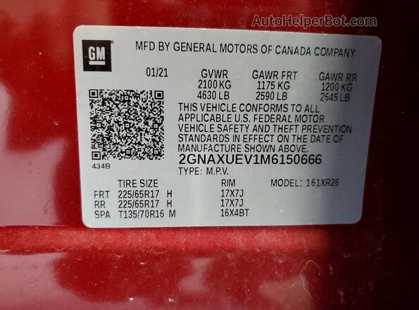 2GNAXUEV1M6150666 2021 CHEVROLET EQUINOX Красный Вид наклейки с VIN-кодом