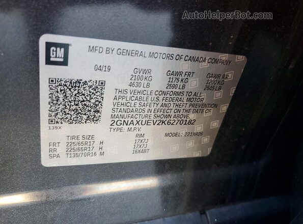 2GNAXUEV2K6270182 2019 CHEVROLET EQUINOX Gray Widok naklejki z numerem VIN