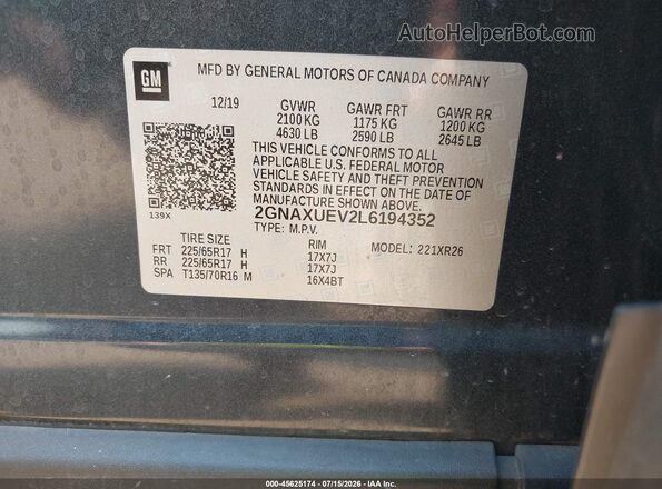 2GNAXUEV2L6194352 2020 CHEVROLET EQUINOX Gray Widok komory silnika