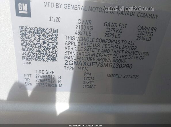 2GNAXUEV3M6130290 2021 CHEVROLET EQUINOX Silver Շարժիչի բաժամունքի տեսք