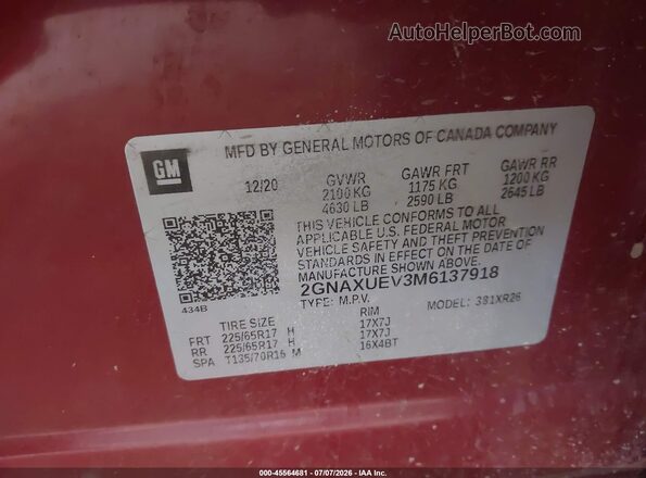 2GNAXUEV3M6137918 2021 CHEVROLET EQUINOX Red Engine compartment view