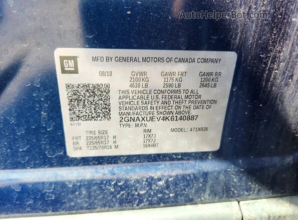 2GNAXUEV4K6140887 2019 CHEVROLET EQUINOX Blue Widok naklejki z numerem VIN