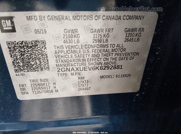 2GNAXUEV6K6292881 2019 CHEVROLET EQUINOX Blue Вид підкапотного простору