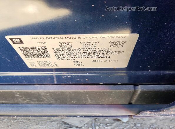 2GNAXUEV7K6136414 2019 CHEVROLET EQUINOX Blue VIN sticker view