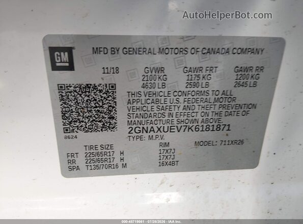 2GNAXUEV7K6181871 2019 CHEVROLET EQUINOX White Vista del compartimento del motor