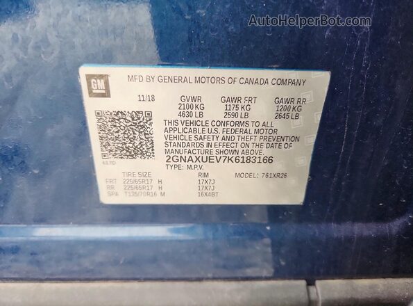 2GNAXUEV7K6183166 2019 CHEVROLET EQUINOX Blue VIN կոդի պիտակի տեսք
