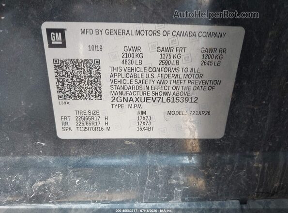 2GNAXUEV7L6153912 2020 CHEVROLET EQUINOX Серый Вид подкапотного пространства