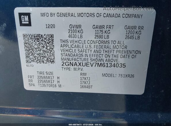 2GNAXUEV7M6134035 2021 CHEVROLET EQUINOX Blue Вид підкапотного простору