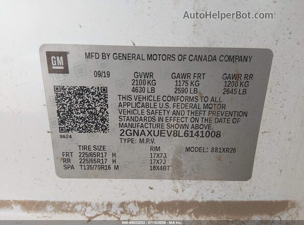 2GNAXUEV8L6141008 2020 CHEVROLET EQUINOX White Vista del compartimento del motor