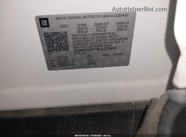 2GNAXUEV8L6225653 2020 CHEVROLET EQUINOX White Engine compartment view