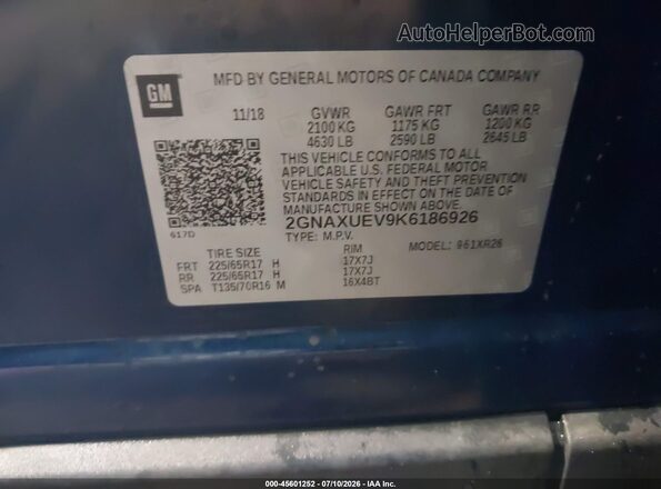 2GNAXUEV9K6186926 2019 CHEVROLET EQUINOX Blue Շարժիչի բաժամունքի տեսք