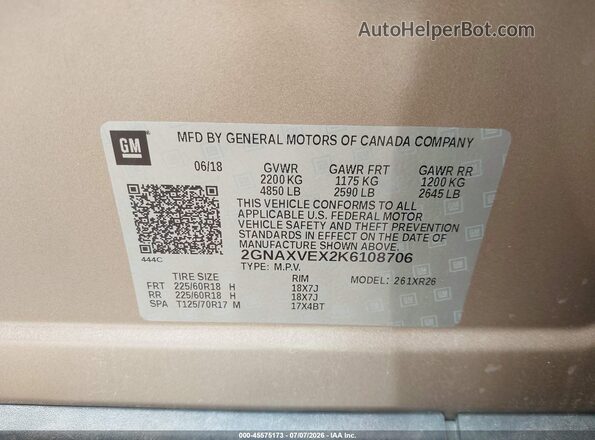 2GNAXVEX2K6108706 2019 CHEVROLET EQUINOX Brown Widok komory silnika
