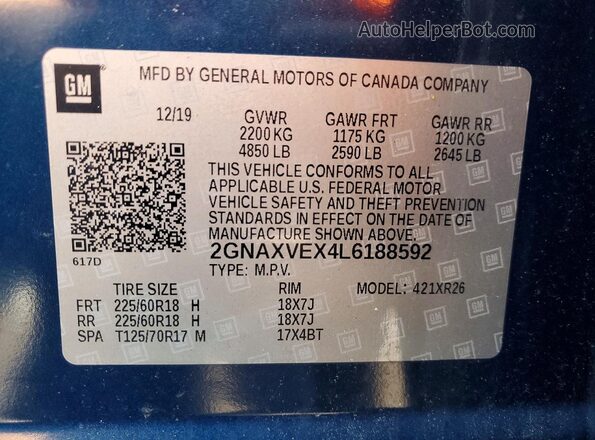 2GNAXVEX4L6188592 2020 CHEVROLET EQUINOX Blue Вид наклейки з VIN-кодом