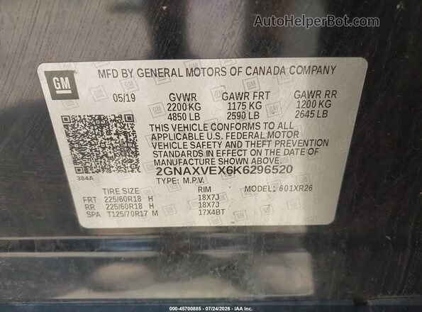 2GNAXVEX6K6296520 2019 CHEVROLET EQUINOX Черный Вид подкапотного пространства