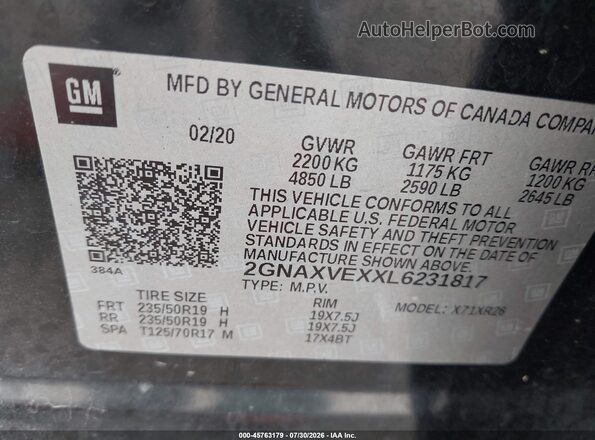 2GNAXVEXXL6231817 2020 CHEVROLET EQUINOX Black Շարժիչի բաժամունքի տեսք