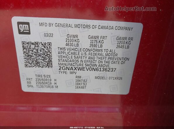 2GNAXWEV0N6136237 2022 CHEVROLET EQUINOX Red Engine compartment view