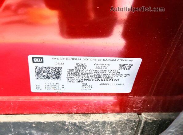 2GNAXWEV1N6132178 2022 CHEVROLET EQUINOX Red Widok naklejki z numerem VIN