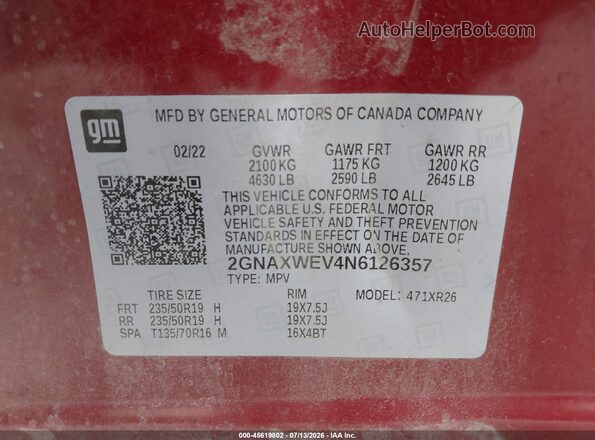 2GNAXWEV4N6126357 2022 CHEVROLET EQUINOX Red ძრავის განყოფილების ხედი