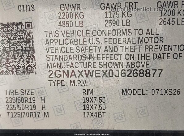 2GNAXWEX0J6268877 2018 CHEVROLET EQUINOX Black ძრავის განყოფილების ხედი