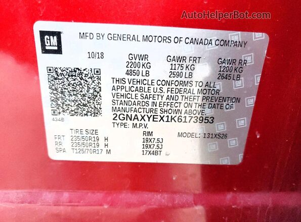 2GNAXYEX1K6173953 2019 CHEVROLET EQUINOX Red VIN კოდის სტიკერის ხედი