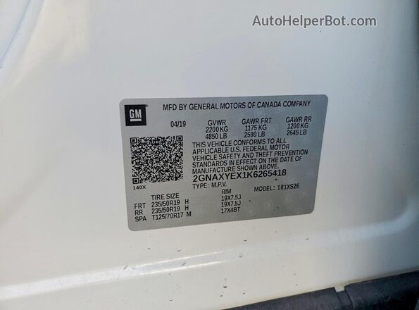 2GNAXYEX1K6265418 2019 CHEVROLET EQUINOX White Vista de la etiqueta del VIN