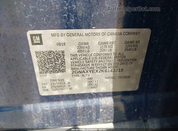 2GNAXYEX2K6143215 2019 CHEVROLET EQUINOX Blue Շարժիչի բաժամունքի տեսք
