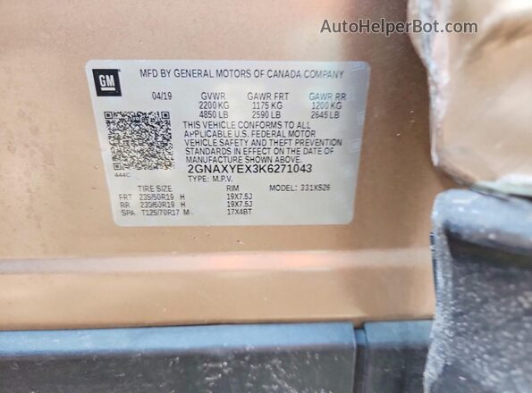 2GNAXYEX3K6271043 2019 CHEVROLET EQUINOX Желто-коричневый Вид подкапотного пространства