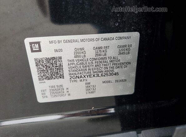 2GNAXYEX3L6253045 2020 CHEVROLET EQUINOX Black VIN კოდის სტიკერის ხედი