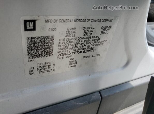 2GNAXYEX4L6205747 2020 CHEVROLET EQUINOX Silver Vista de la etiqueta del VIN