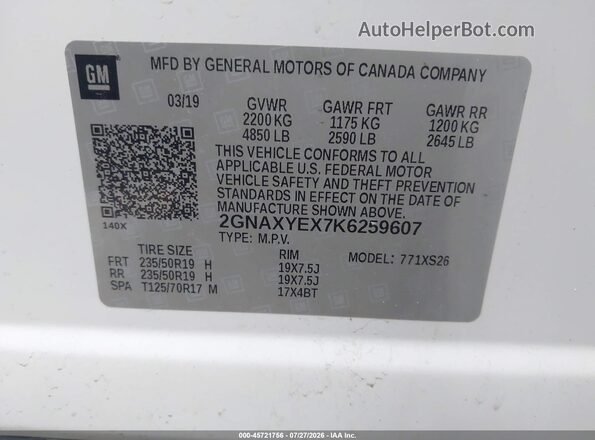 2GNAXYEX7K6259607 2019 CHEVROLET EQUINOX White Engine compartment view