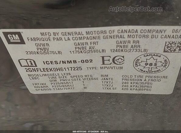 2GNFLEEK0H6117225 2017 CHEVROLET EQUINOX Black Շարժիչի բաժամունքի տեսք