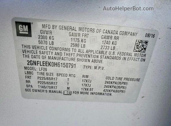 2GNFLEEK0H6150791 2017 CHEVROLET EQUINOX Silver Widok naklejki z numerem VIN