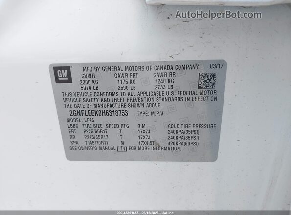 2GNFLEEK0H6318753 2017 CHEVROLET EQUINOX White Engine compartment view