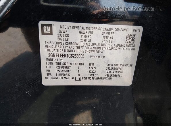 2GNFLEEK1G6258805 2016 CHEVROLET EQUINOX Black Вид підкапотного простору