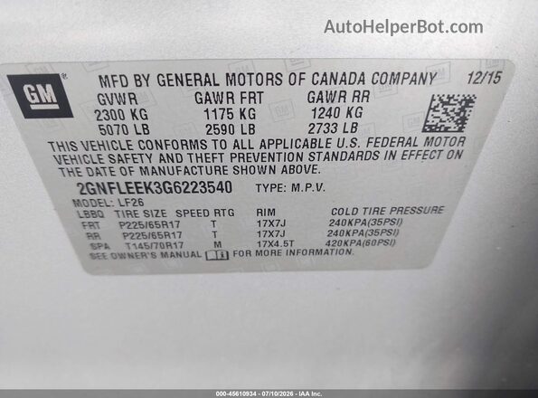 2GNFLEEK3G6223540 2016 CHEVROLET EQUINOX Silver ძრავის განყოფილების ხედი