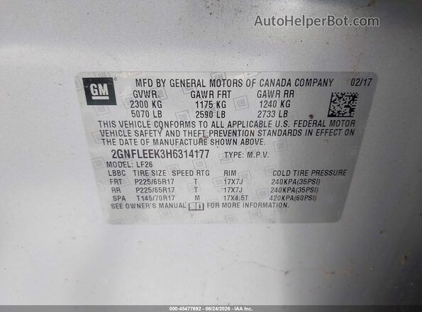 2GNFLEEK3H6314177 2017 CHEVROLET EQUINOX Silver ძრავის განყოფილების ხედი