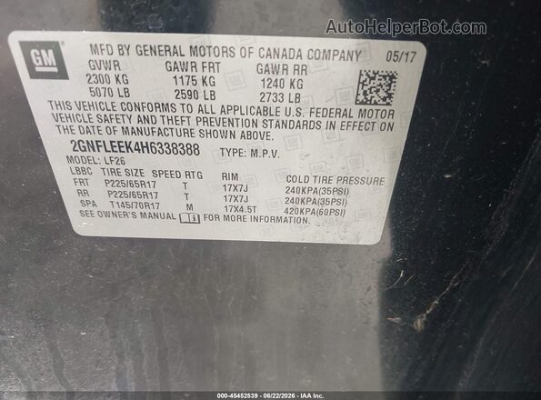 2GNFLEEK4H6338388 2017 CHEVROLET EQUINOX Black ძრავის განყოფილების ხედი