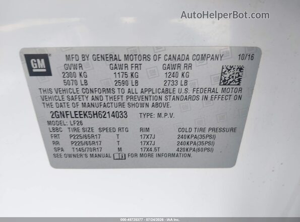 2GNFLEEK5H6214033 2017 CHEVROLET EQUINOX White Vista del compartimento del motor