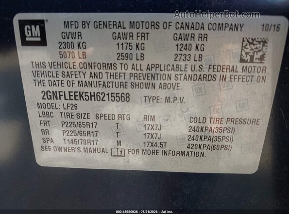 2GNFLEEK5H6215568 2017 CHEVROLET EQUINOX Blue Vista del compartimento del motor