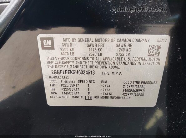 2GNFLEEK5H6334513 2017 CHEVROLET EQUINOX Black Շարժիչի բաժամունքի տեսք