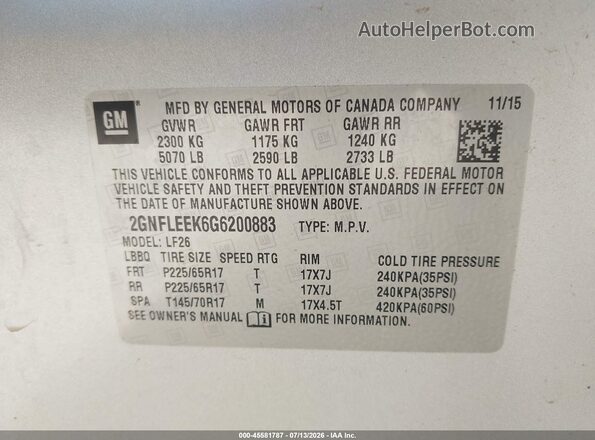 2GNFLEEK6G6200883 2016 CHEVROLET EQUINOX Silver Widok komory silnika