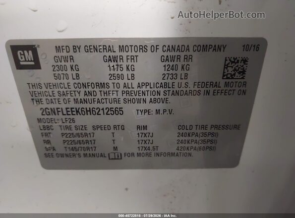 2GNFLEEK6H6212565 2017 CHEVROLET EQUINOX White Widok komory silnika