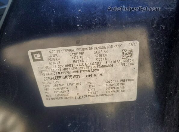 2GNFLEEK6H6301021 2017 CHEVROLET EQUINOX Синий Вид наклейки с VIN-кодом