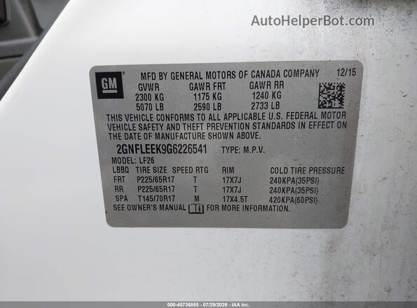 2GNFLEEK9G6226541 2016 CHEVROLET EQUINOX White ძრავის განყოფილების ხედი